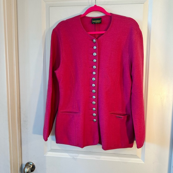 Vintage Geiger 100% Boiled Wool Pink Military Gold Button Long Line Sweater, 40 - Picture 12 of 12